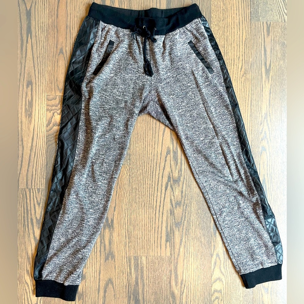 Black and Grey Joggers with Leather Side Panel Detail